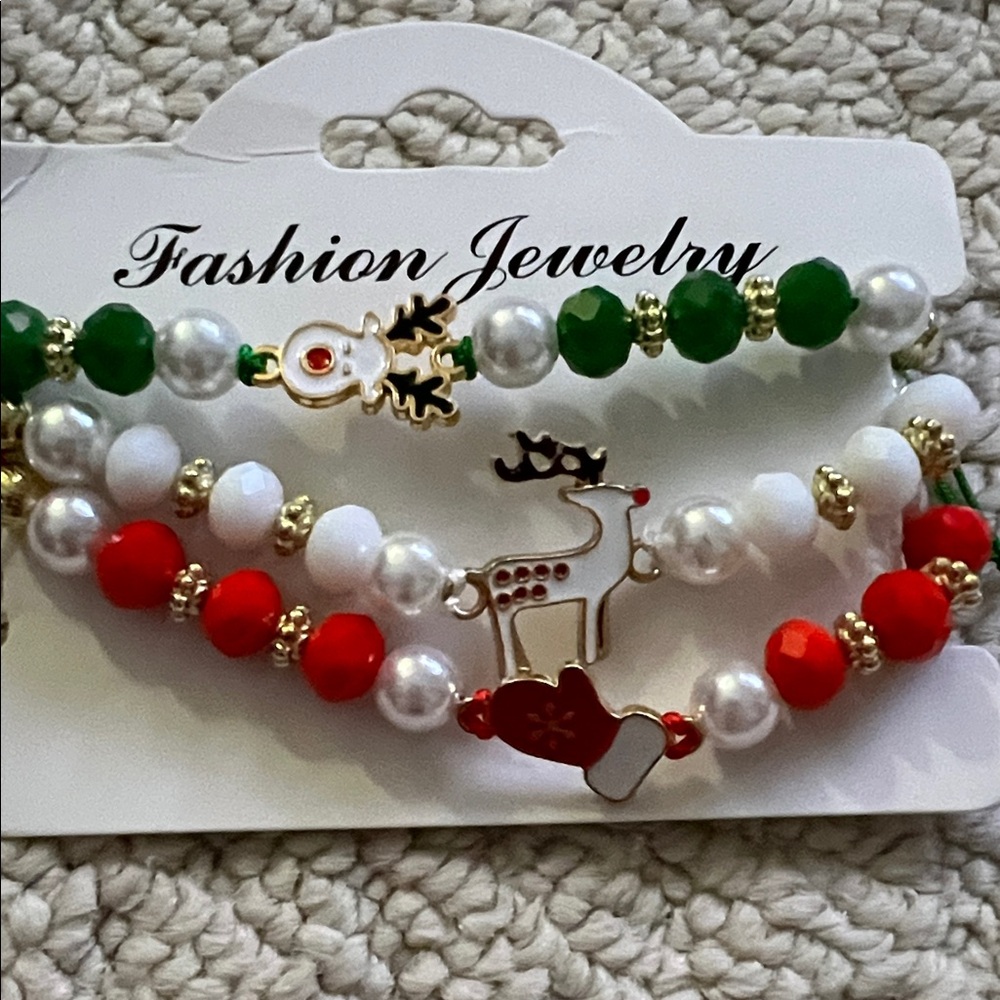 Festive Beaded Bracelet Set - Green, Red, White